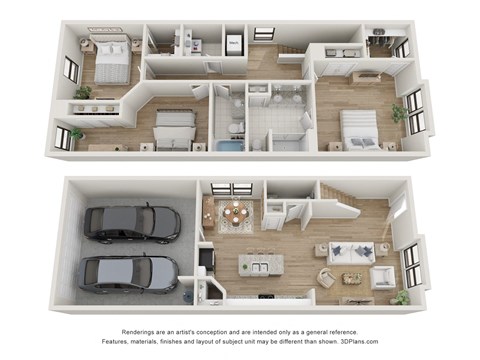 a 3d floor plan of a 3 bedroom apartment